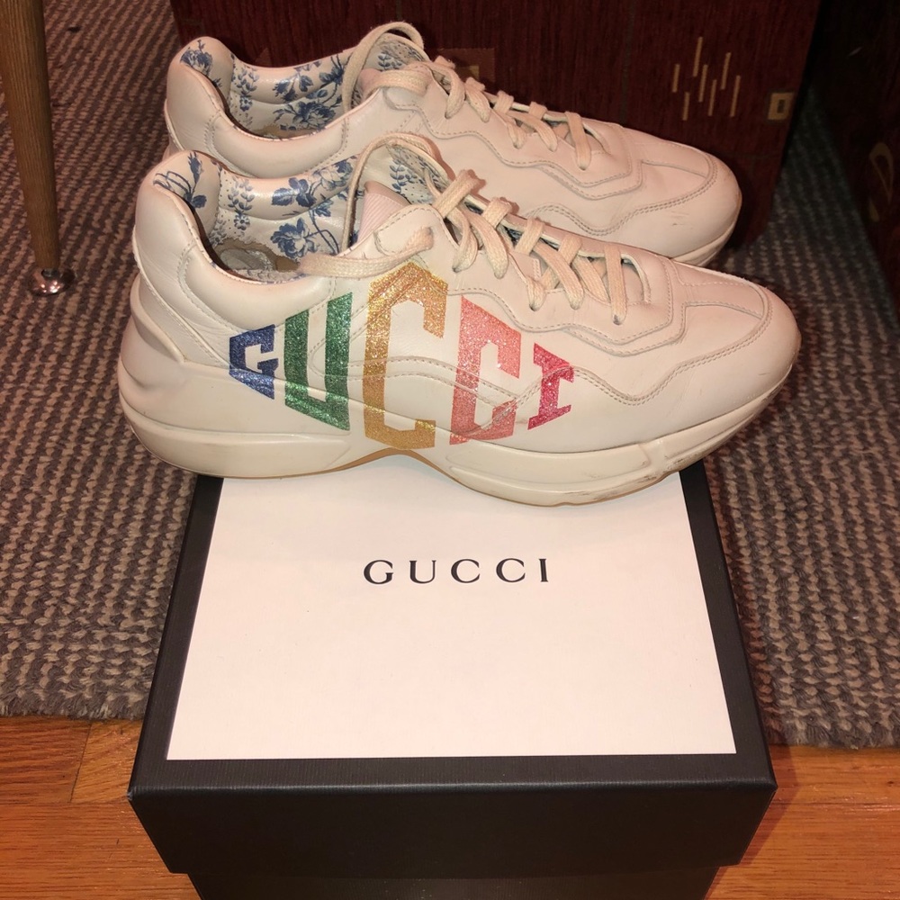 Gucci White Leather Sneakers with Rainbow Logo